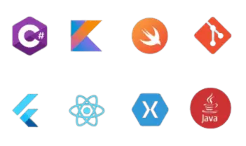 Logotipos de lenguajes y tecnologías de desarrollo: C#, Kotlin, Git, etc